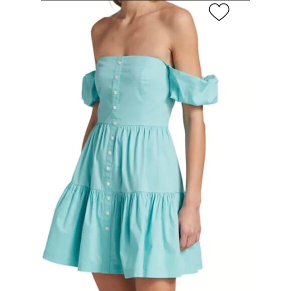 Staud Elio Tiered Mini Dress Women's sz. 6 in Turquoise Off the Shoulders - Picture 1 of 9